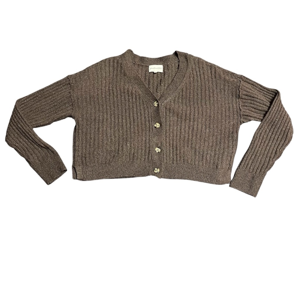 Freshman 1996 Cropped Ribbed Cardigan M • Chocolate Brown • Y2K Cozy Vintage